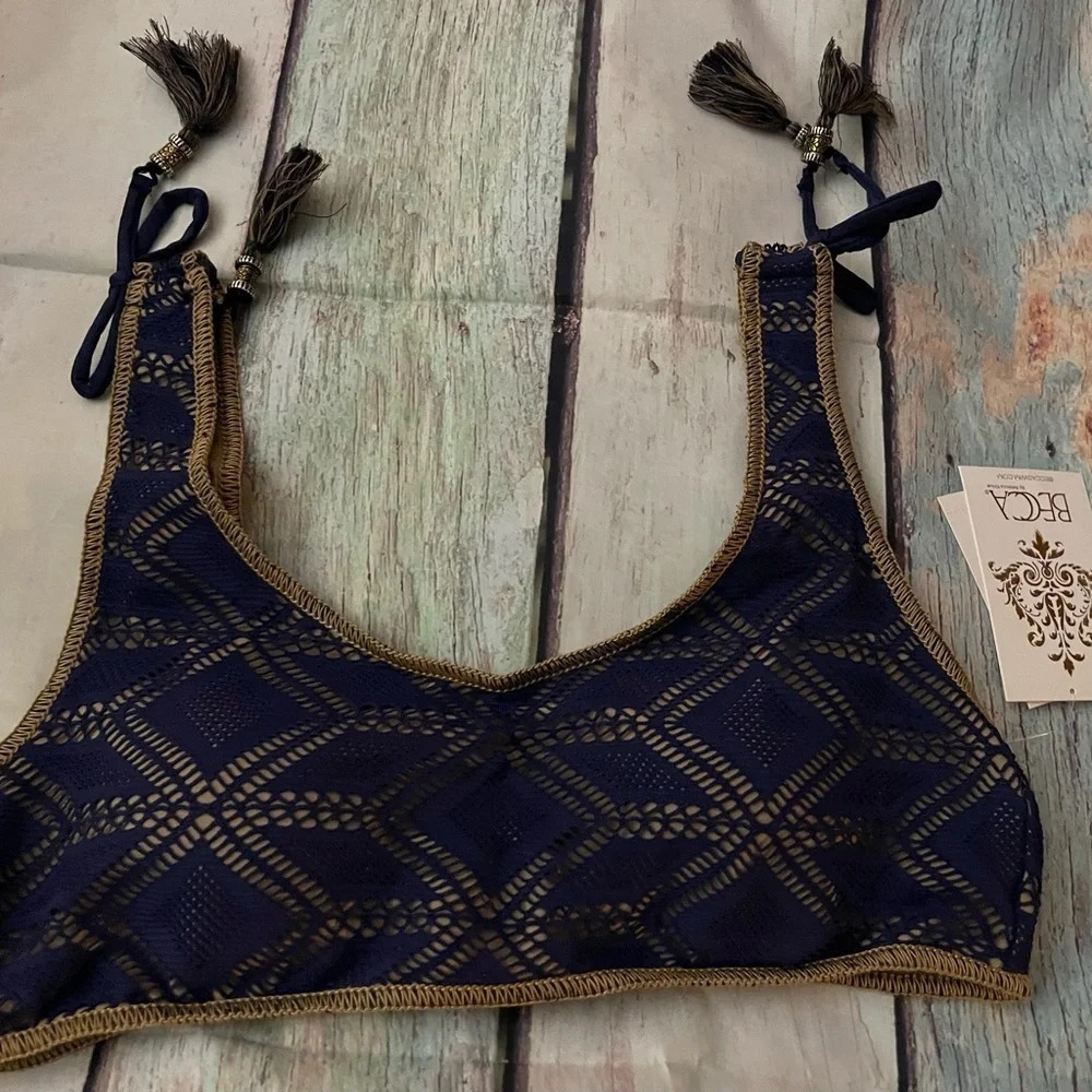BECCA Wanderlust Crochet Tassel Bikini Top, NAVY, Size Medium, NWT​ - Picture 9 of 10